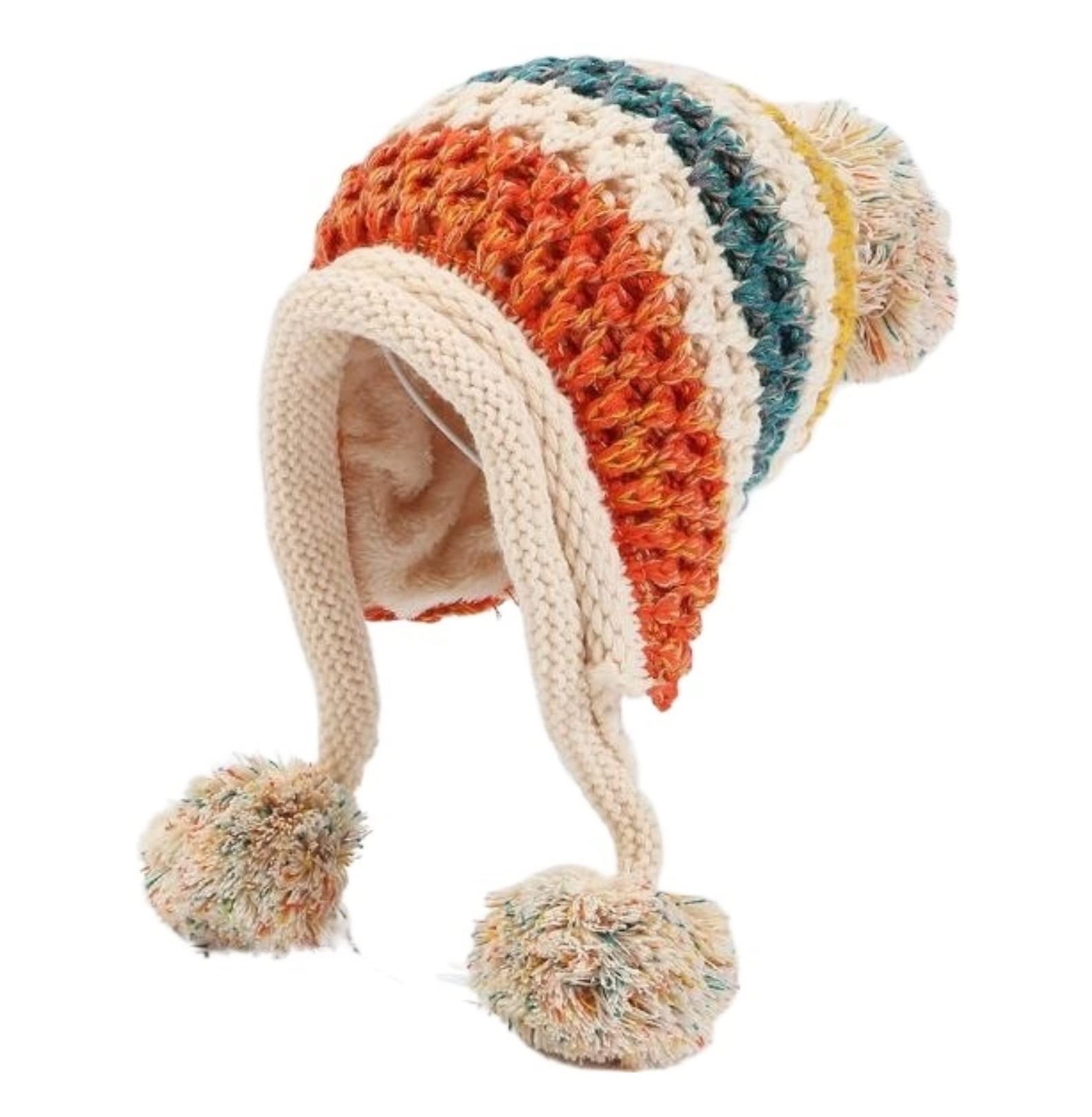 Czapka Beanie Czapka Zimowa Damska Ręcznie Robiona Czapka Grube Ciepłe Uszy Bomberka Damska Puszysty Pompon (Jeden Rozmiar)