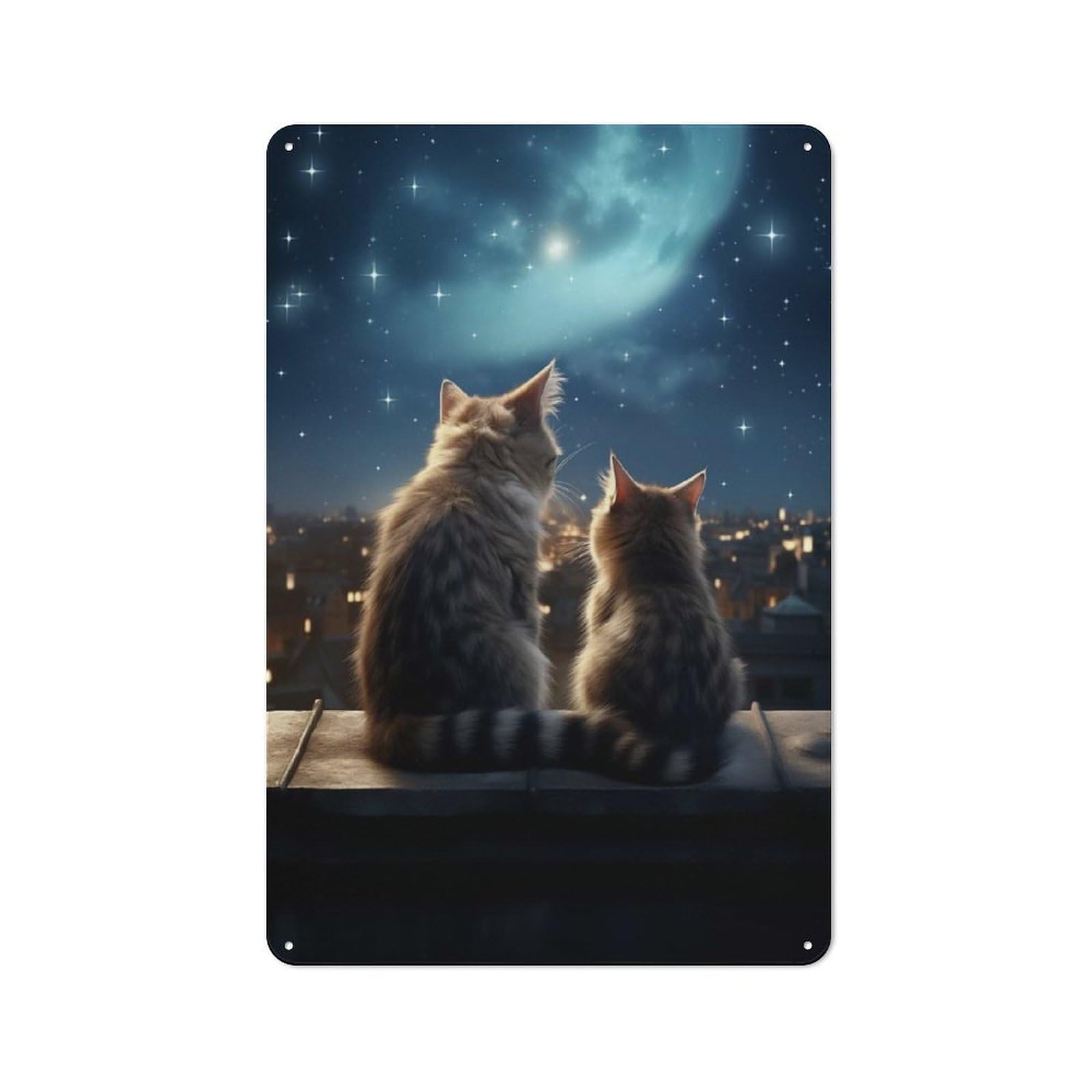 Junmoney Style-1 Retro Metal Sign With Two Cats Gazing Night Sky Design 30X20cm, Weathered Look Shed Wall Plaque For Garage, Workshop, Shed Or Utility Room