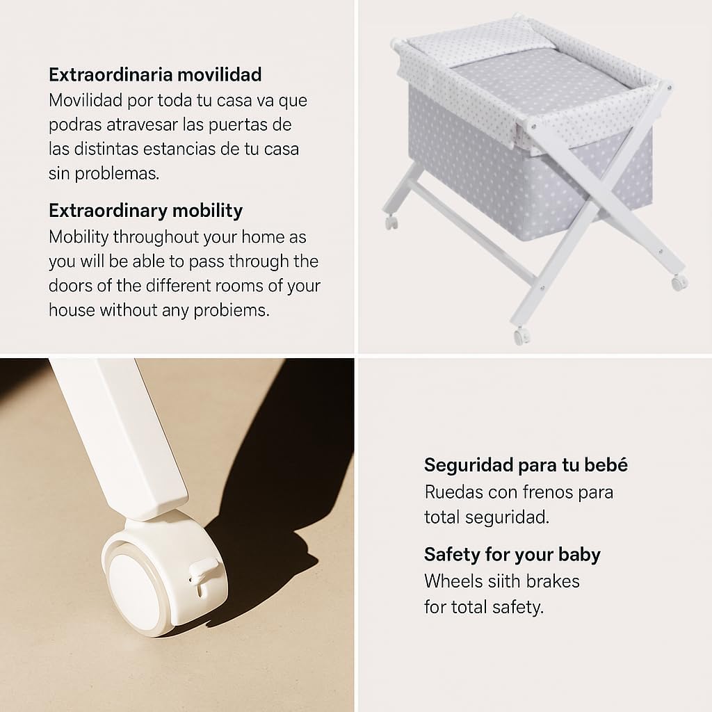 Minicuna Plegable Blanco Gris: Estructura + Vestidura + Colcha Desenfuntable + Colchón + Almohada