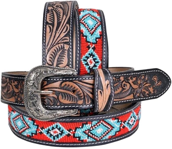 Quality Handmade Beaded Men's Leather Belt Thick Durable Wax Colorful Designs Cowboy Western Style Alloy Classic Fitted Casual Formal Wear in Pant Trouser Jeans Size: Waist 31-34in - Length 39in