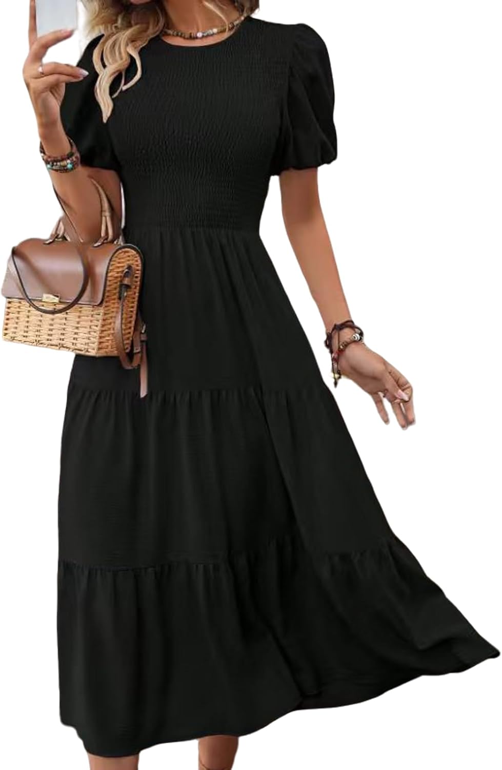 Women's Modest Smocked Maxi and Midi Dress for Women Puff Sleeve Slim Fit Stretch Summer Casual