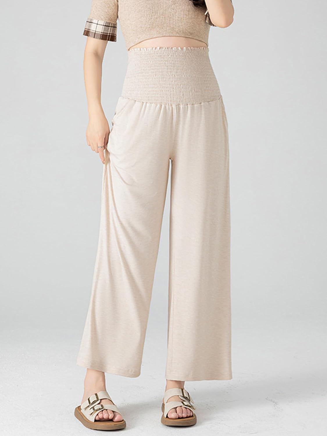 Women's High Waist Smocked Palazzo Pants Maternity Office Work Trousers for Pregnancy Casual Wear