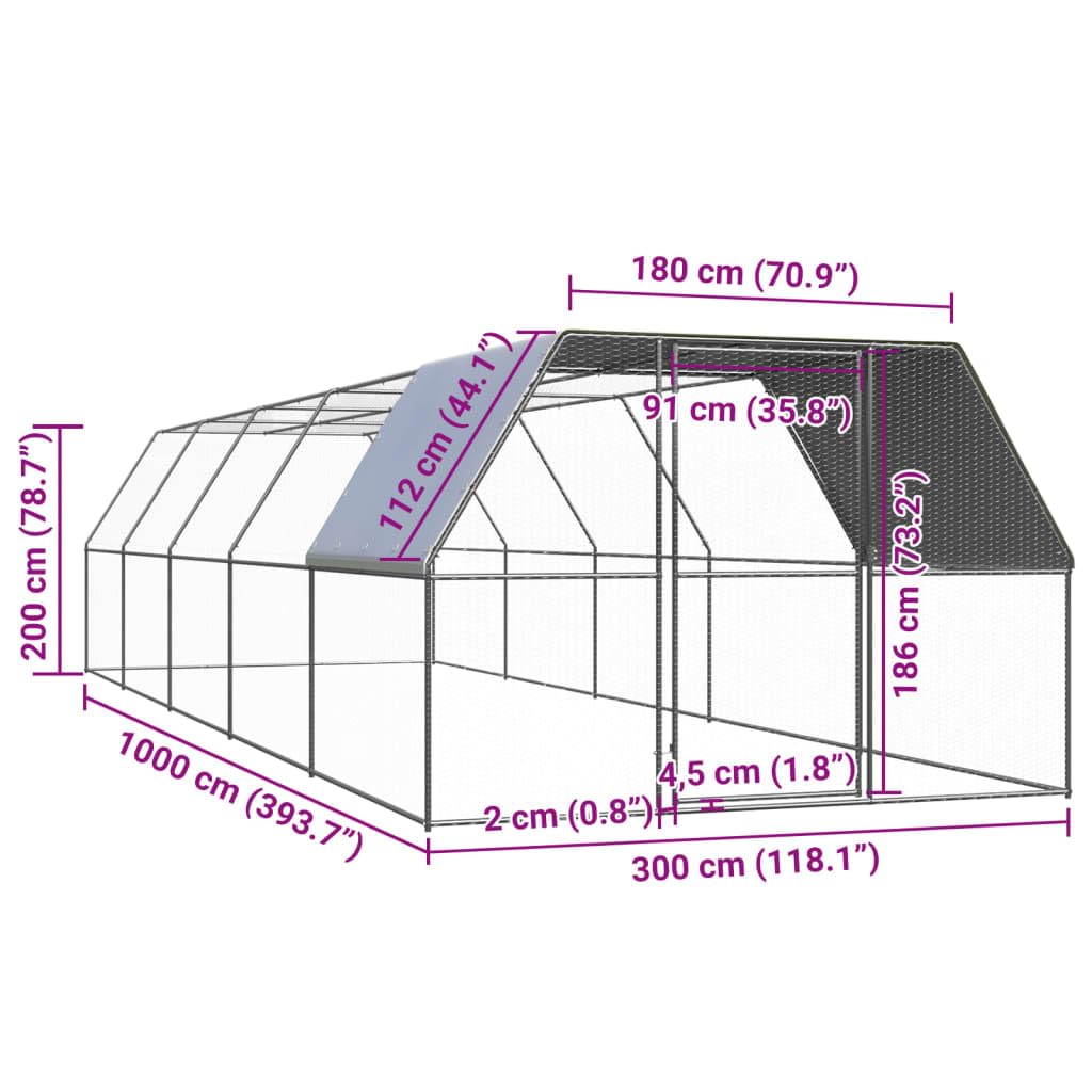 Mangloder – Jaula para pollos para exteriores, 3 x 10 x 2 m, de acero galvanizado con techo de polietileno y cerradura, recinto para pollos, patos, pájaros, roedores, conejos, conejos, jardín, uso al