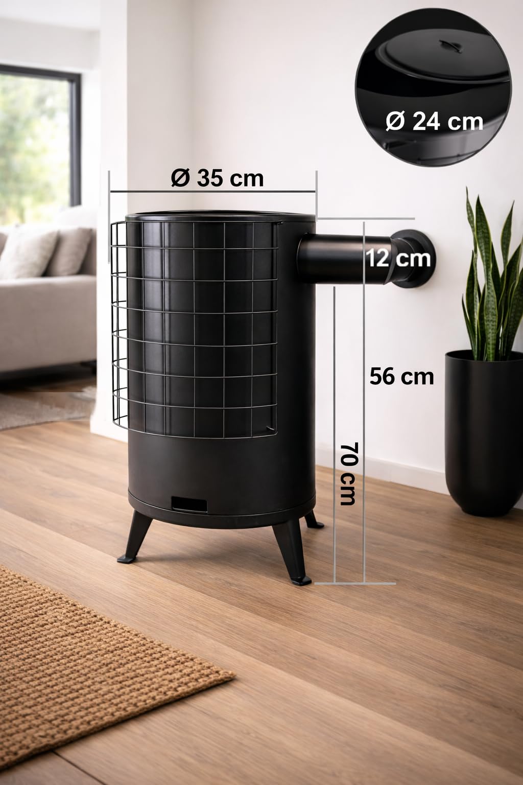 FERRETERIA LEPANTO Estufa de leña redonda Grande chapa Negra para leña potencia 6,7kw