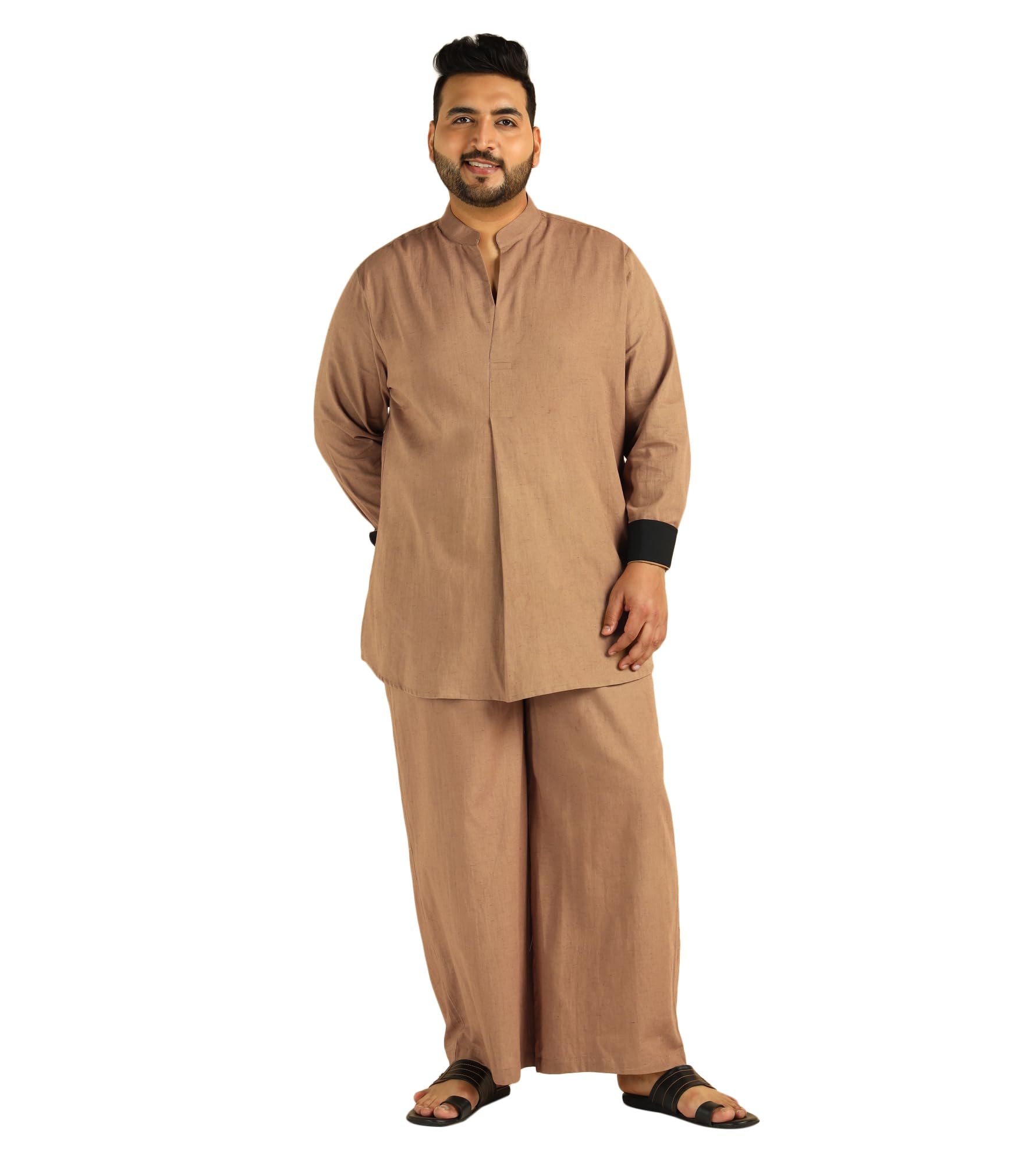 Men's Solid Cotton Kurta with Bell Bottom Pant Cord Set|Mens Kurta Pajama Set|Plus Size Co ords for Men Fashion|Beach Party Casual Wear|Two Piece|Mandarin Collar|Full Sleeve(Beige)-image-36