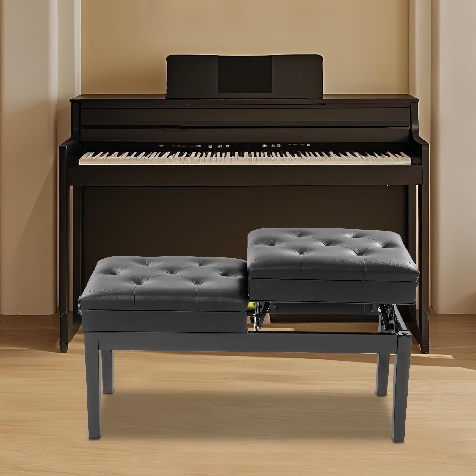 Taburete de piano regulable en altura para 2 personas, capacidad de carga de 200 kg, banco para piano con espacio de almacenamiento y cojín de piel sintética, ideal para casa, conciertos y