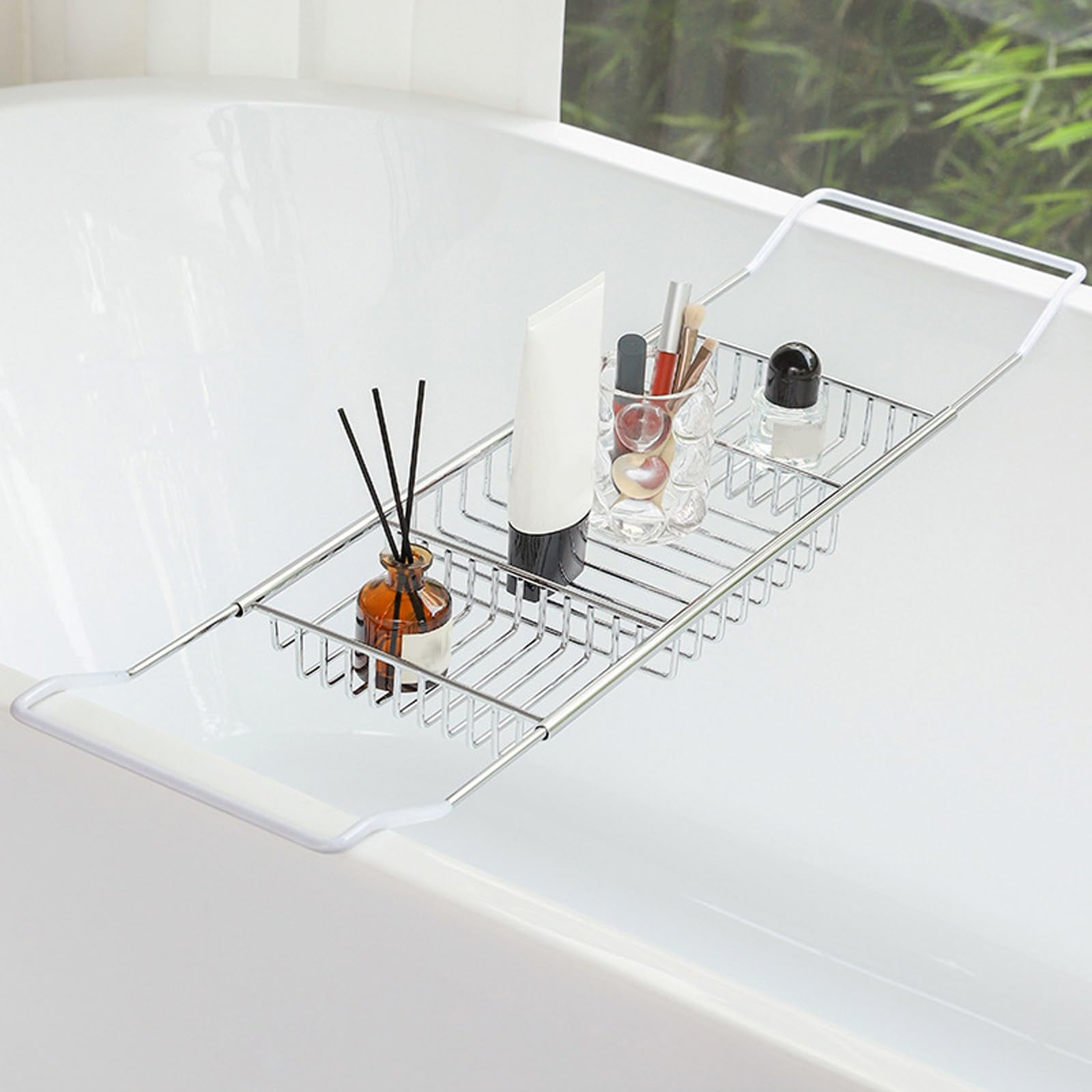 Bandeja ajustable para bañera de acero inoxidable y organizador multiusos
