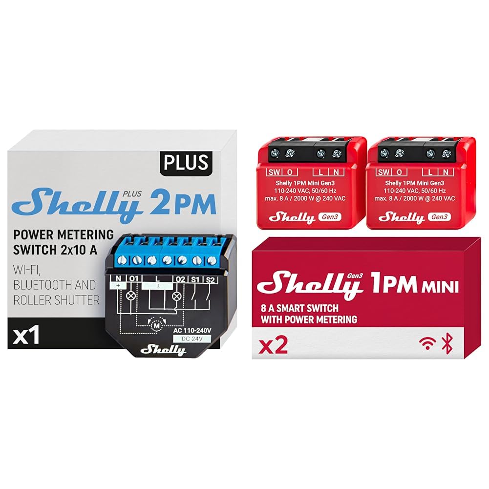 Shelly Plus 2PM | Wlan & Bluetooth 2 Kanäle Smart Relais Schalter mit Leistungsmessung & 1PM Mini Gen3 | WLAN- und Bluetooth-Smart-Switch-Relais