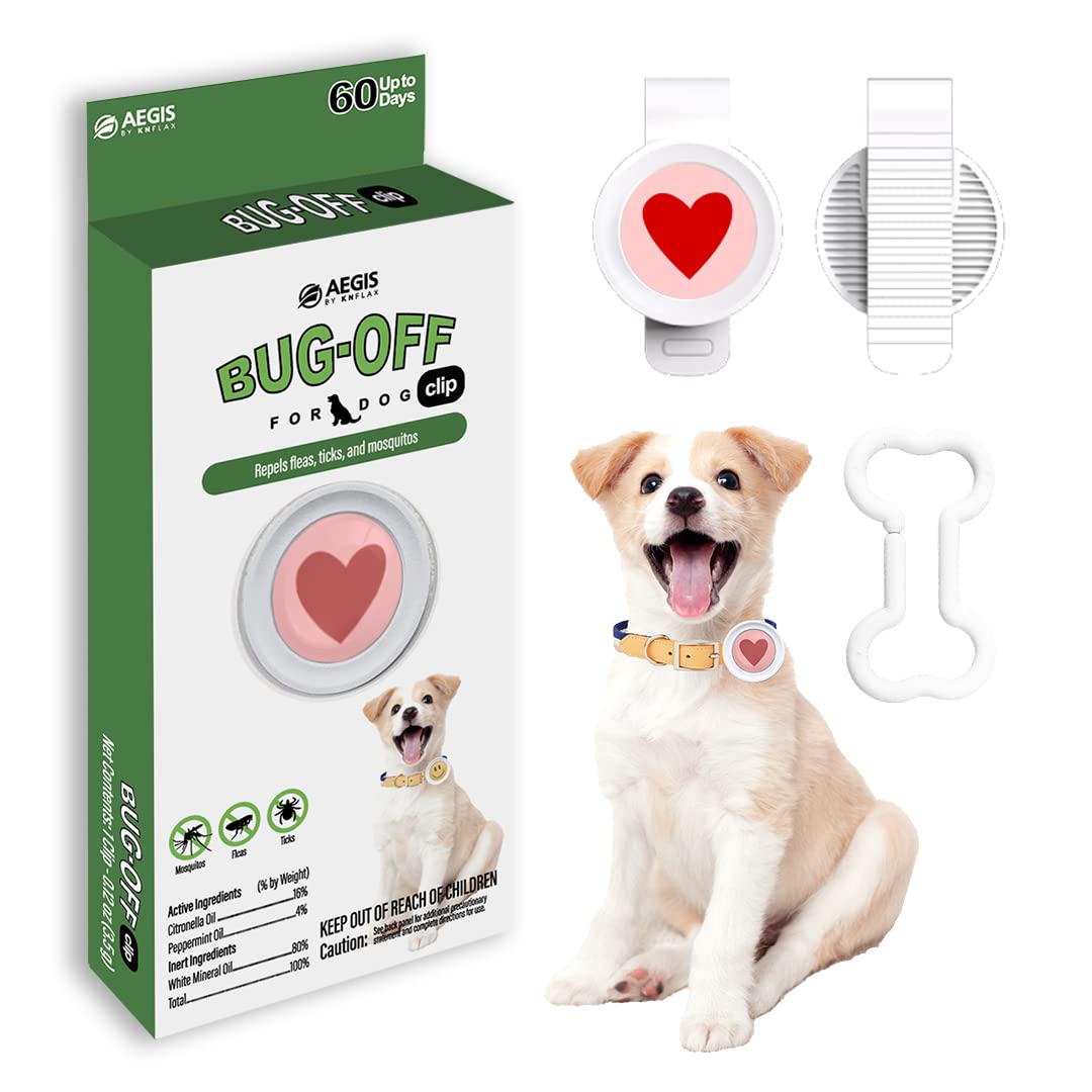 Bug-Off Clip for Dogs, Repels Flea, Tick & Mosquito for 60 Days, Natural Flea and Tick Repellent Collar [Made in Korea] Aegis by KN FLAX (Heart)
