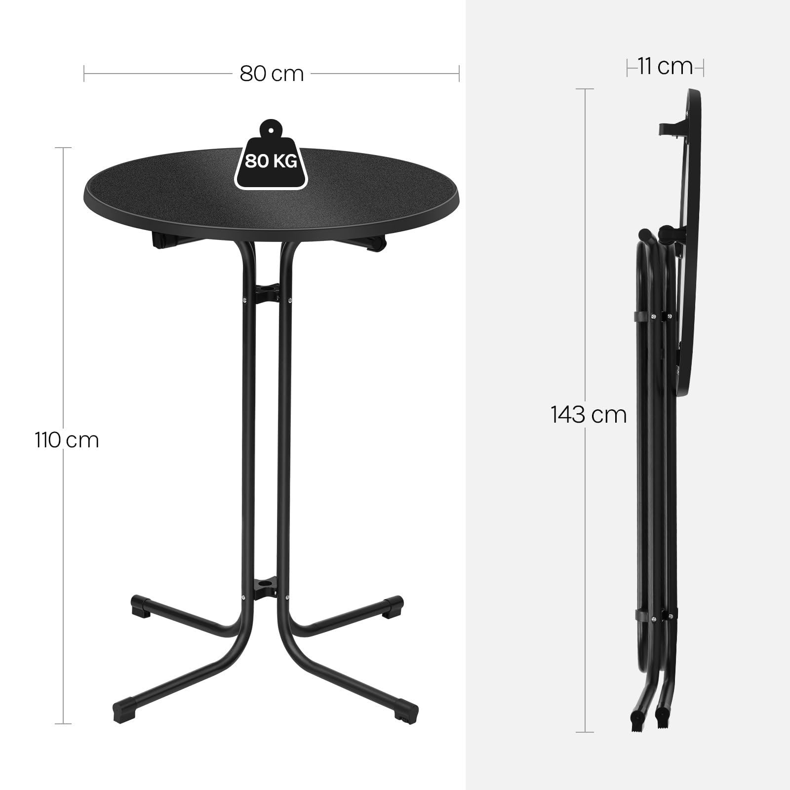 WOLTU Table de Bar Ronde et Haute, Mange Debout Extérieur à Cadre en Métal, avec Housse Élastique et Plateau Pliant en Bois d'Ingénierie, Ф80 x 110cm, Noir Mat