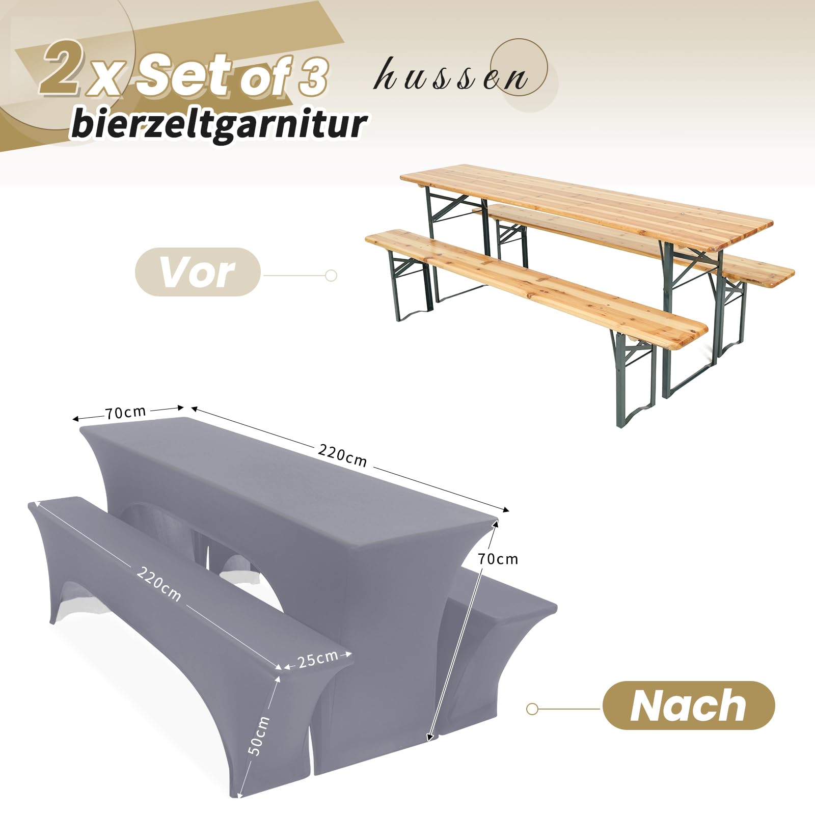 Zwei 3er-Set Biertischhussen 220 x 70 x 70cm, hussen bierzeltgarnitur, hellgrau, Stretch-Bezüge für Biertisch-und Bankgarnituren, Bierbankhussen, Spandex-Bierzeltgarnitur für Bankett