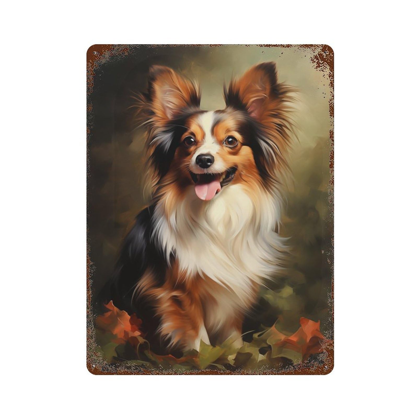 Retro Metal Sign with Smiling Papillon Dog Design 15.7"x11.8", for Living Room, Hallway And Home Decor, Farmhouse Wall Decor