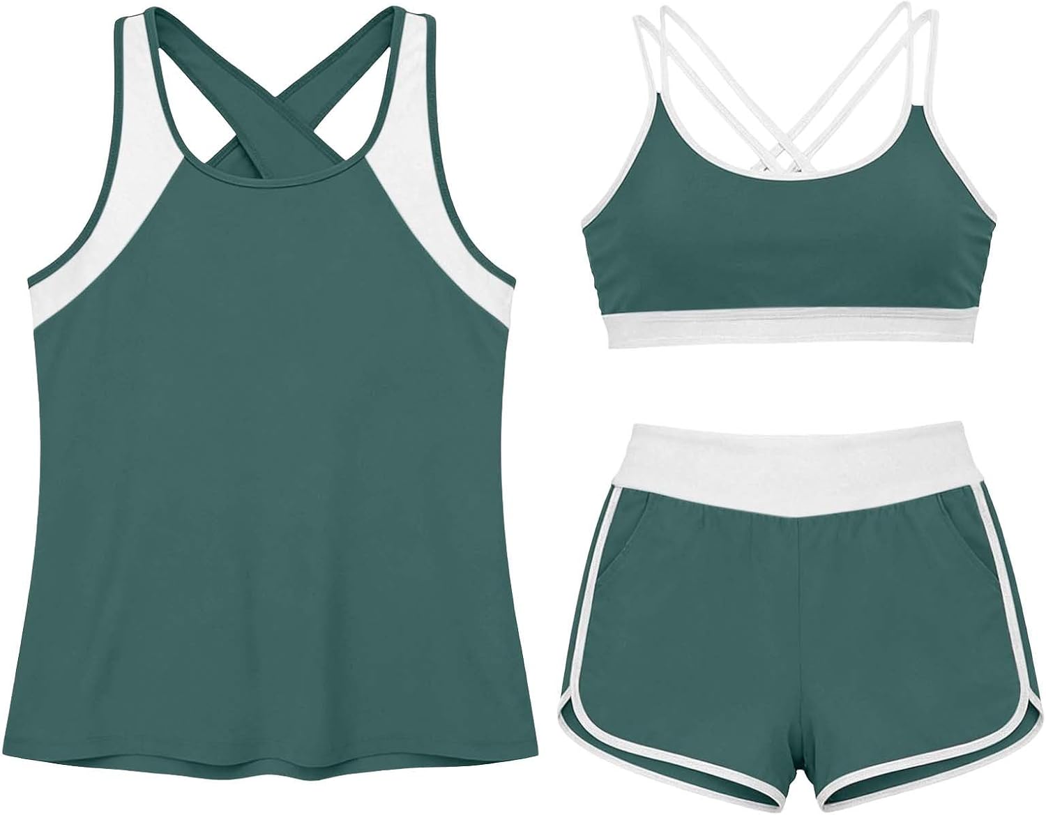 YRAETENM Women 3 Piece Tankini Swimsuits Tummy Control Bathing Suits Blouson Tank Top with Bra Boy Shorts Athletic Swimwear