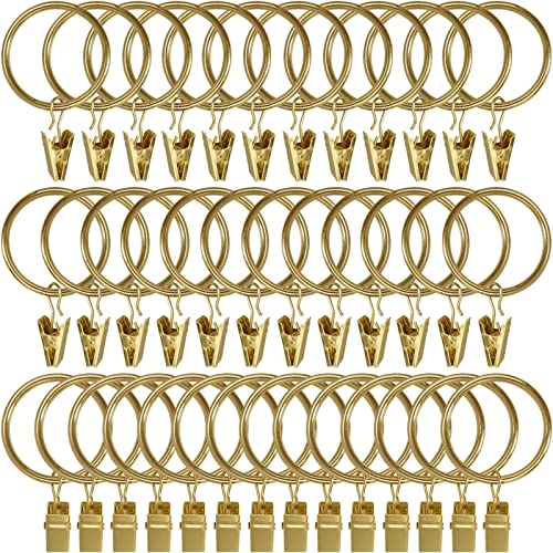 Image of WeeksEight 40 Pack Gold Curtain Rings with Clips, Curtain Hooks Hangers Clip Rings for Hanging Drapes Bows Hat, Drapery Rings 1.5 in I D, Fits up to 1.2 in Diameter Curtain Rod.