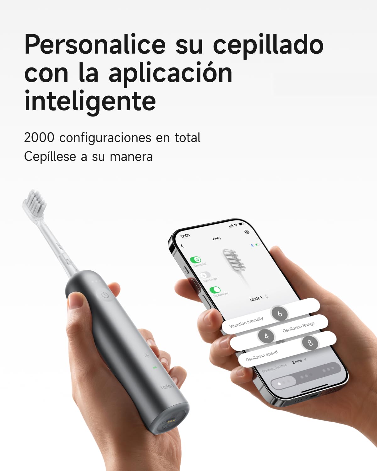 Laifen Wave Cepillo de Dientes Eléctrico Sónico Estuche, 3 Cabezales, Gris | Oscilación de 60°, Autonomía de Batería de 45 Días, Aceptado por la ADA, Reducción de Placa, 66.660 vibraciones/min