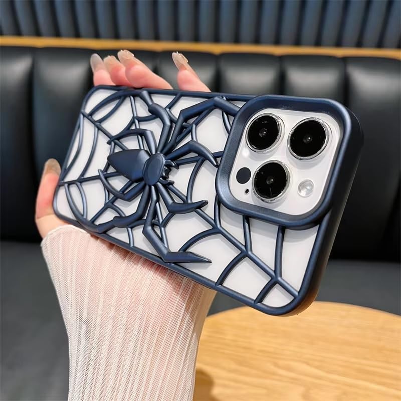 Image of COVERLY for iPhone 15 Pro Max Spidey Web Silicone 3D Cartoon Phone case,Full Protection Minimal Hollow Out Electroplated Heat Dissipation Mobile Back Cover for Apple iPhone 15 Pro Max (Navy Blue)