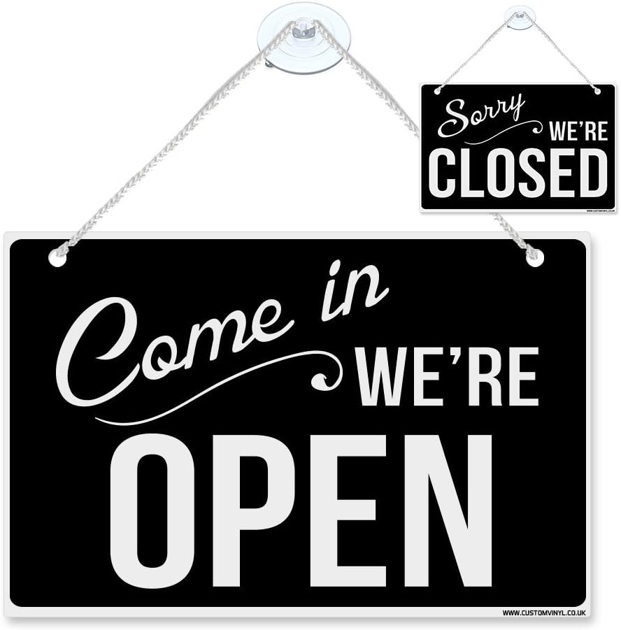come in we're open sorry we're closed plastic hanging door sign with suction cup + string