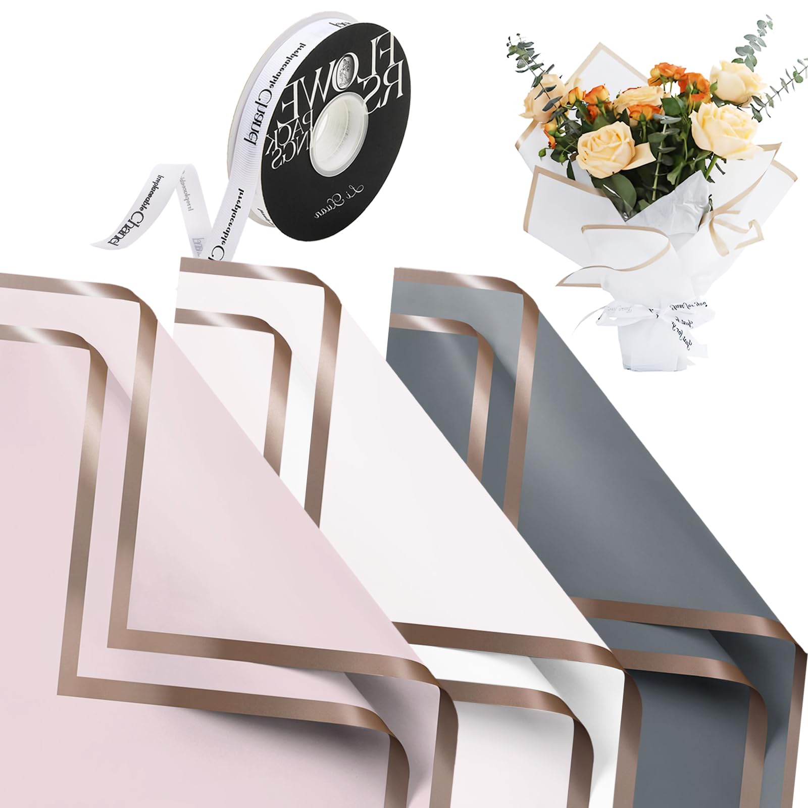 30 Sheets Flower Wrapping Paper, Waterproof Bouquet Wrapping Paper with 1 Roll Ribbon, Gold Edge Flower Bouquet Wrap Papers for DIY Crafts Gift Packaging