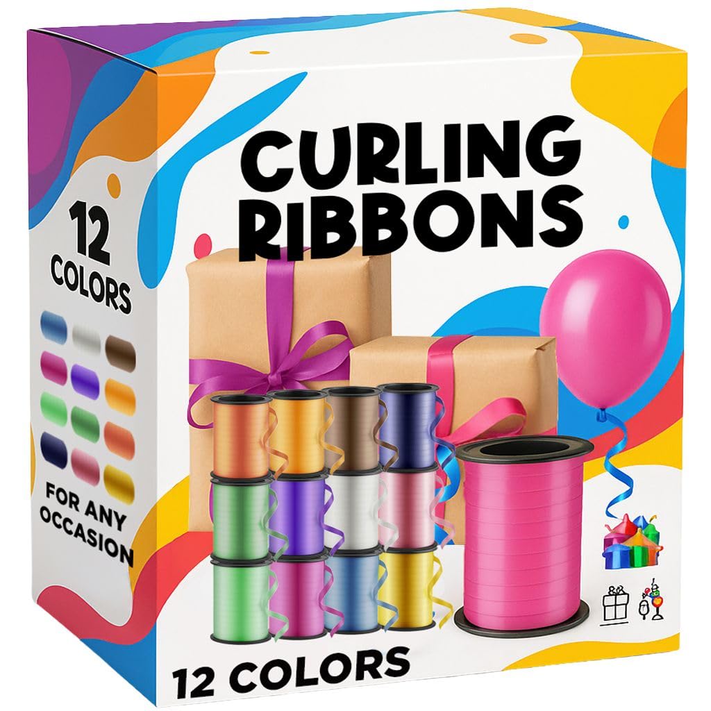 Playbees Curling Ribbon -12-Pack - 60 Foot Rolls - 240 Yards Balloon String Total - Assorted Colors Ribbon for Crafts, Gift Wrapping, Christmas Decorations, String Balloons, Tie Hair & DIY Projects