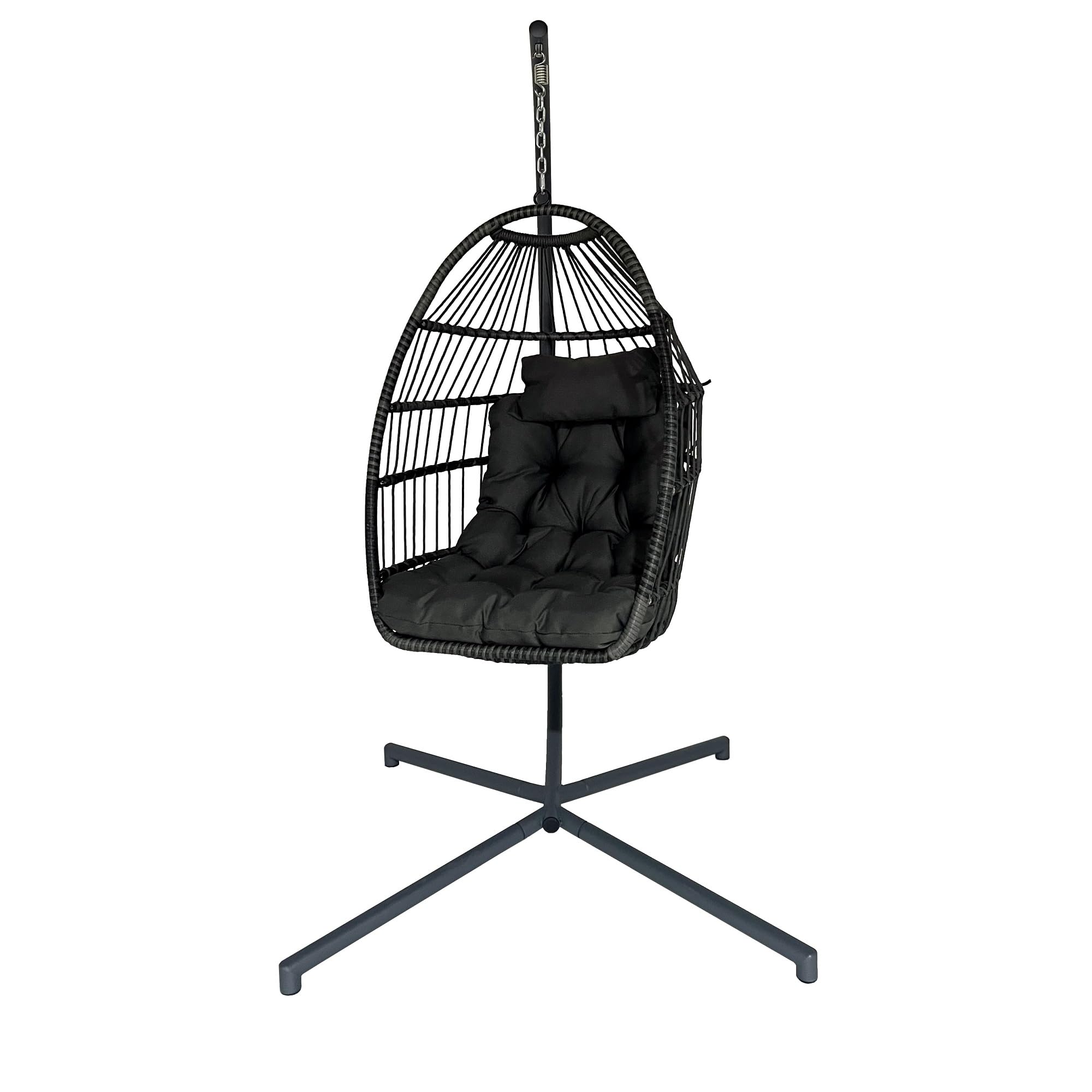 Hanging Egg Chair, Patio Rattan Swing Egg Chair With Stand and Cushion, Garden Hammock Swing Chair Wicker Egg Basket Chair for Indoor Outdoor - Gray