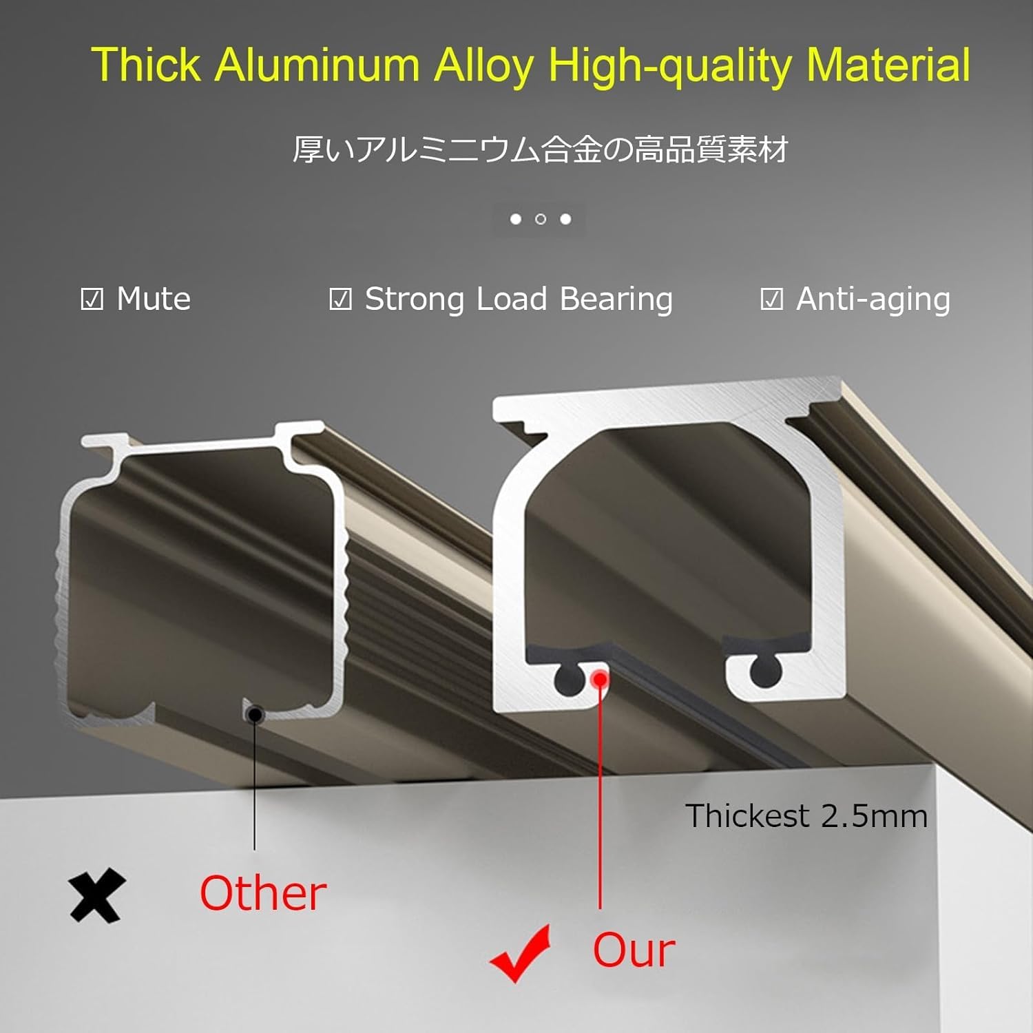 Rail de rideau robuste en alliage d'aluminium - Séparateur de pièce mural/plafond, coulissement silencieux pour rideaux lourds, compatible avec les murs de 2,0 à 2,5 mm, durable, flexible et