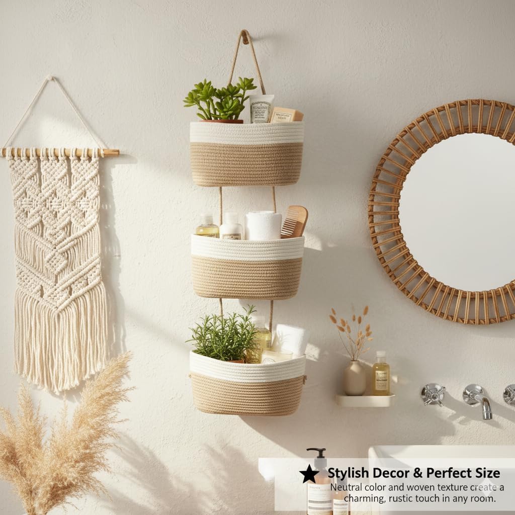 Hanging Wall Basket, Over the Door Hanging Basket with Hooks, 3-Tier Cotton Hanging Basket for Organizing, Decorative Boho Chic Decor for Wall, Bedroom, Living Room, Nursery, Whte & Jute - Image 9