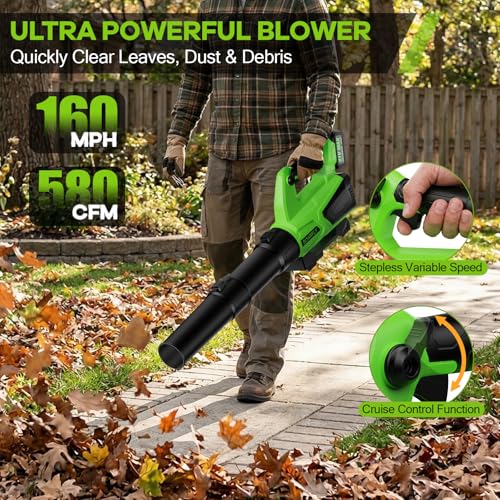 Image of SOARFLY Leaf Blower Cordless, 580 CFM Airflow Electric Leaf Blowers with 2x4.0Ah Batteries and Charger, Stepless Speed Control, Powerful Snow Blowers for Lawn Care, Patio, Dust, Blowing Leaves