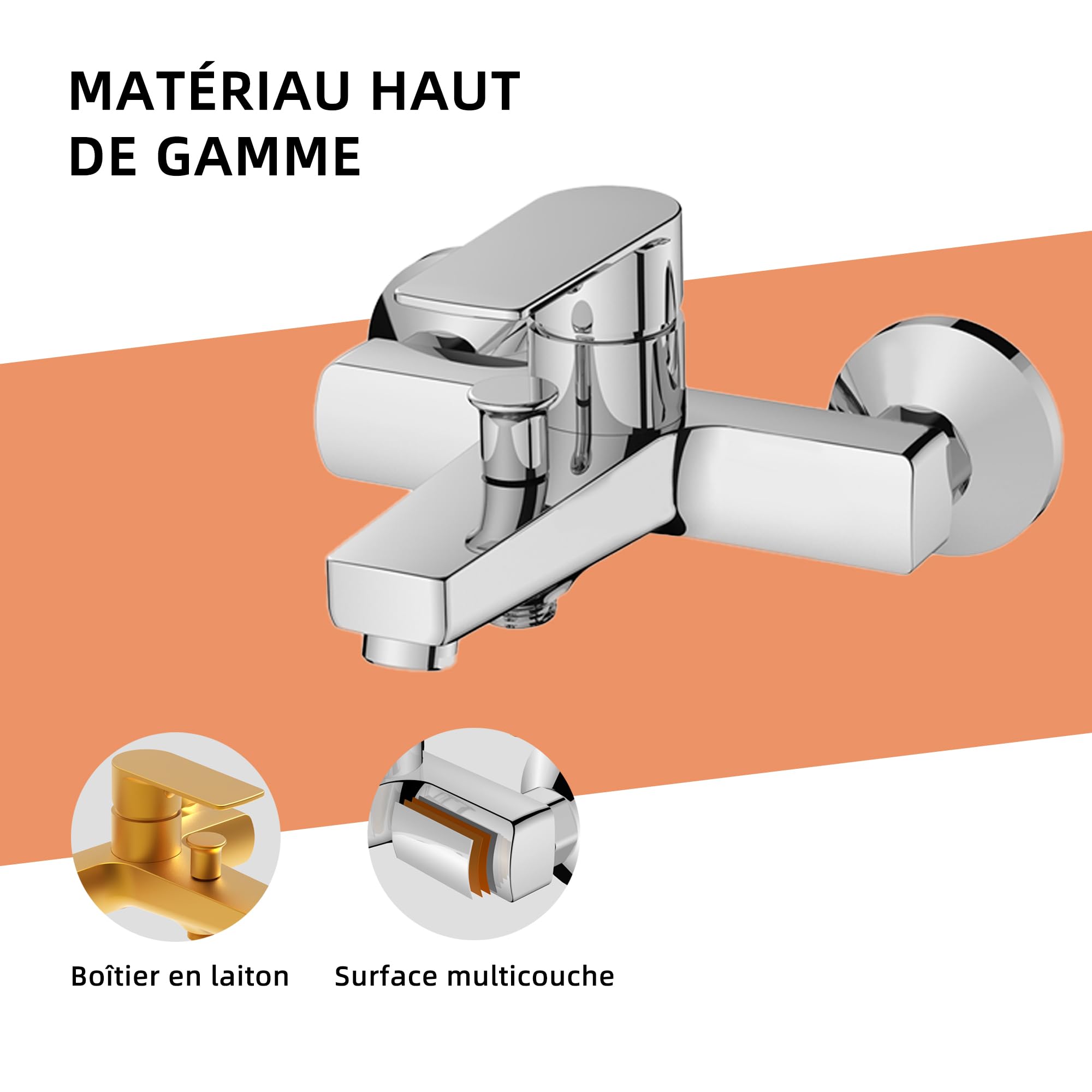BELZ Mitigeur Baignoire Pomme Douche Inverseur Automatique Laiton Massif | Laiton massif·inverseur bain/douche·valve de retour·pomme douche·raccord S·monocommande·brossé·robuste