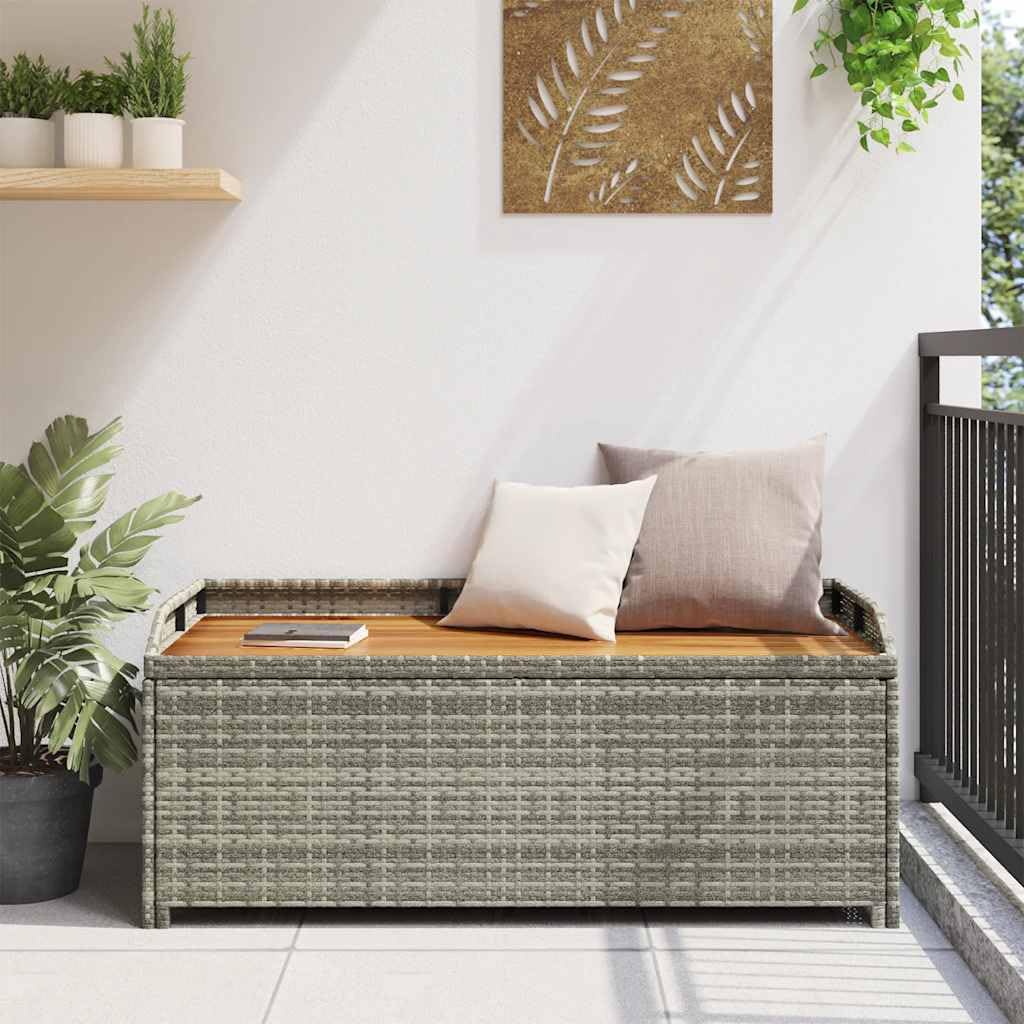 Fengshui Banco de jardín con espacio de almacenamiento, 120 cm, polirratán, gris