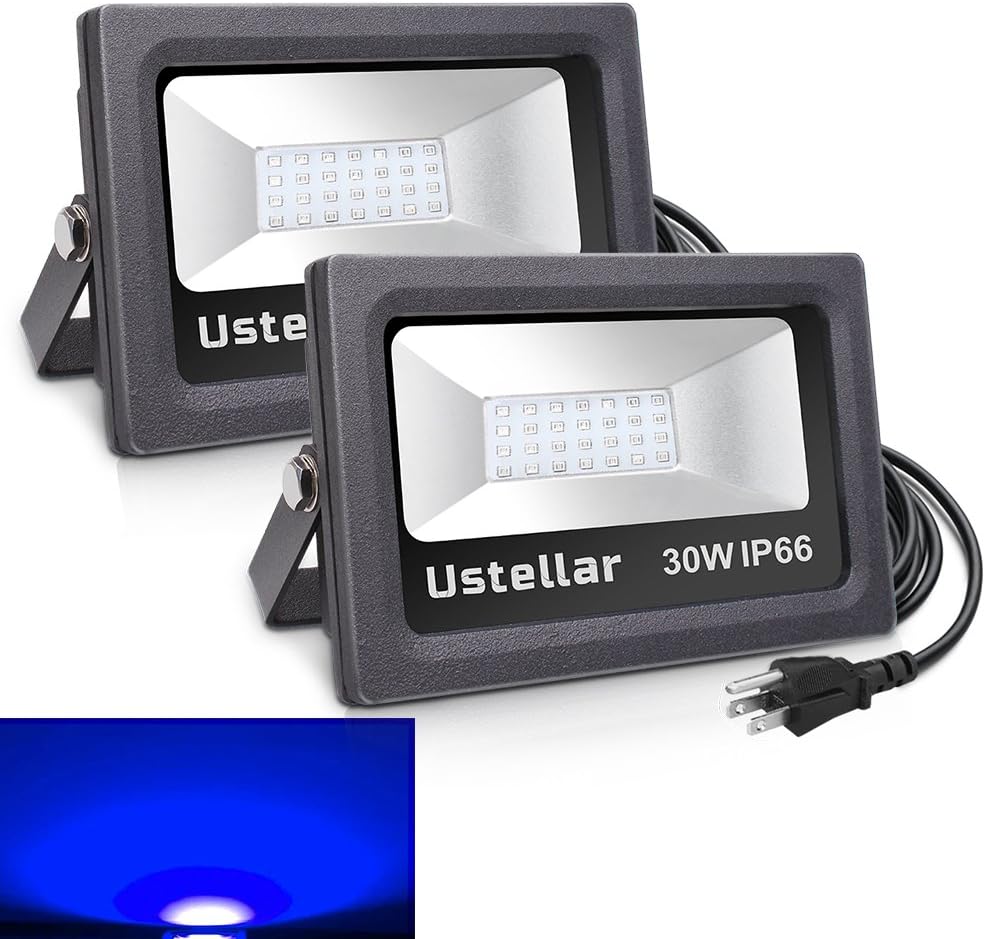 Ustellar 2 Pack 30W Blue LED Flood Light, IP66 Waterproof, 2100lm, Outdoor Floodlight Landscape Wall Washer Light for Christmas Decoration Garden Yard Lawn, Stage Lighting with US 3-Plug