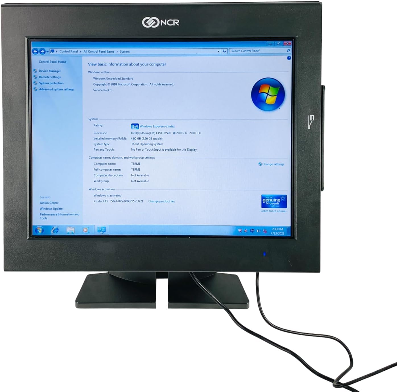 Front view of NCR 7754 POS Terminal displaying system information