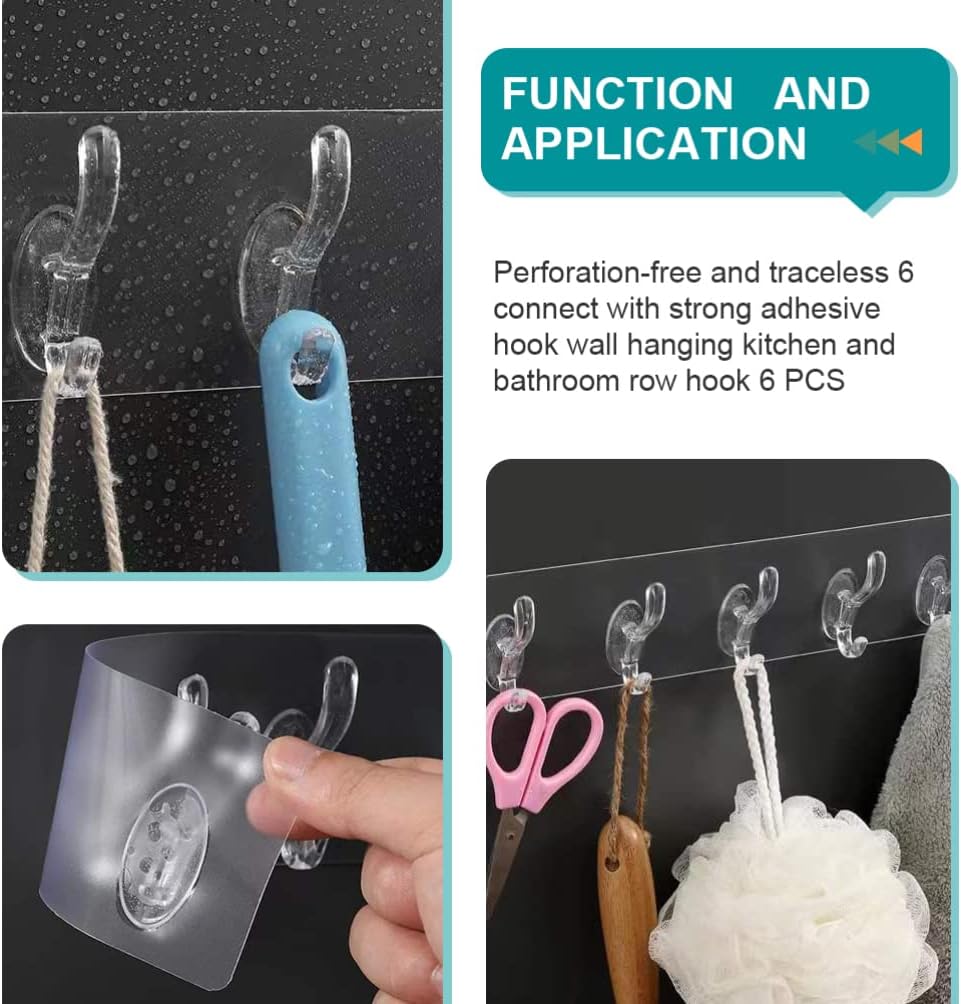 Heavy Duty Transparent Self-Adhesive Wall Hanger, Strong Magic Sticker 3 Hooks Hanger for Bathroom, Kitchen Reusable, Utility - (Pack of 3)
