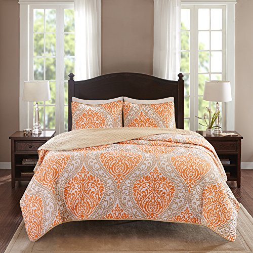 Comfort Spaces Coco 3 Piece Quilt Coverlet Bedspread Ultra Soft Printed Damask Pattern
