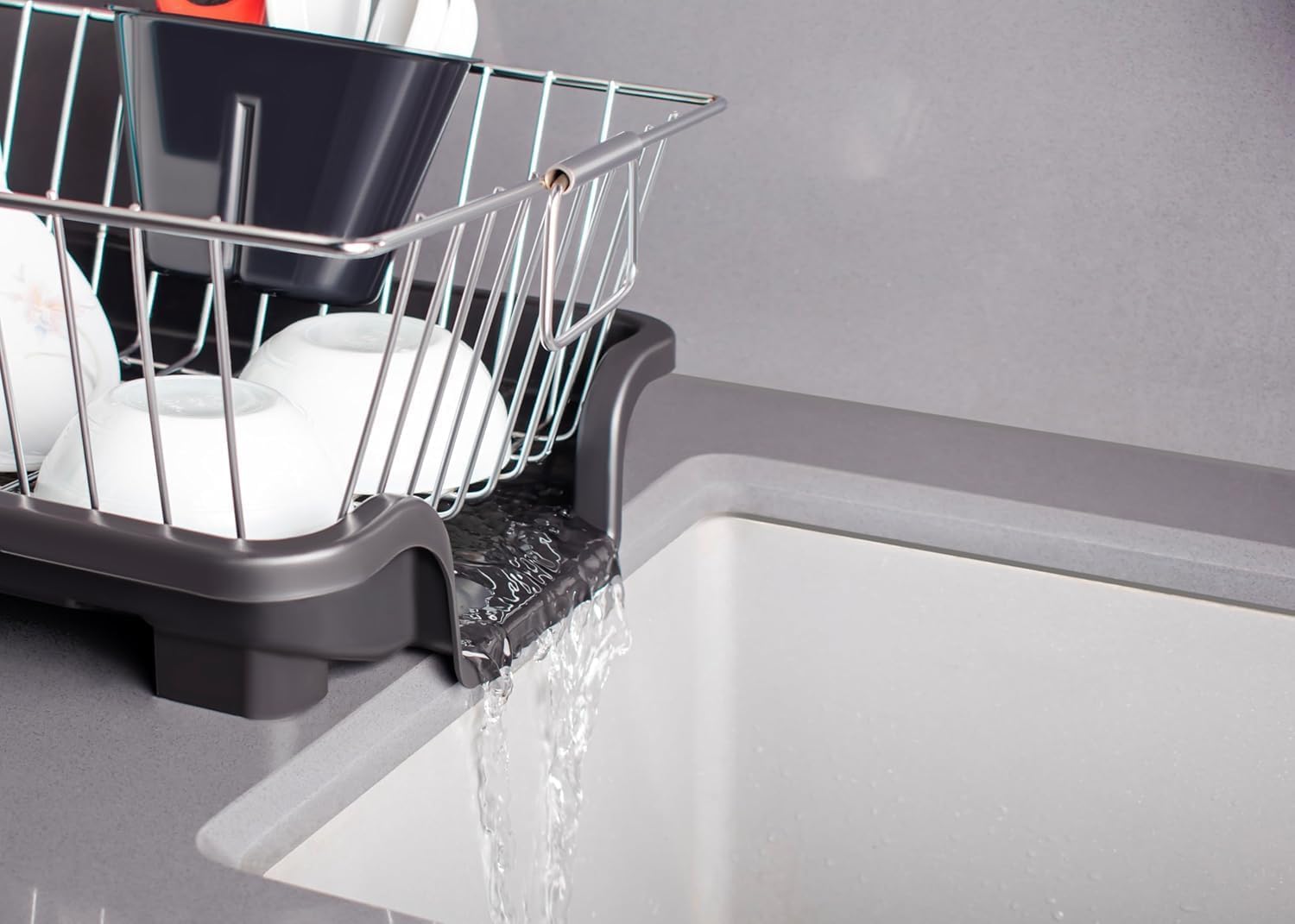 Voltonix Dish Drying Rack for Kitchen Counter, Stainless Steel, with Silverware and Utensil Holder, Sink Organisation, Black (Silver) 4