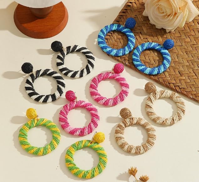 Bohemian Round Striped Raffia Earrings, Lightweight Woven Hoop Earrings for Women image 4