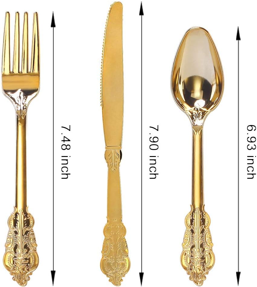 WDF 300 Pieces Gold Plastic Silverware Disposable - Heavy Duty Plastic Cutlery - Gold Silverware Sets Includes 100 Forks, 100 Spoons, 100 Knives for Baby Shower Wedding Spring - Image 9