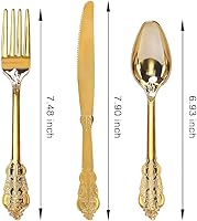 Vista 9 de WDF 300 cubiertos de plástico dorado desechables, cubiertos de plástico resistente, juegos de cubiertos dorados que incluyen 100 tenedores, 100