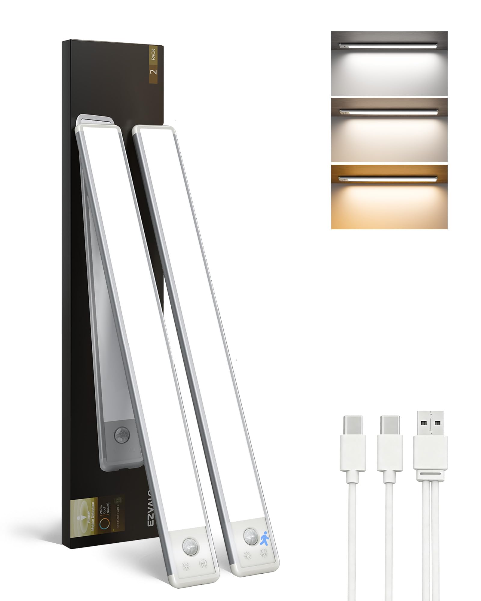 EZVALO Unterbauleuchte Küche LED 42CM, Schranklicht mit Bewegungsmelder 3 Farbmodi Dimmbar, LED Schrankbeleuchtung Kabellos für Schrank, Vitrine, Treppen(2 Stück)