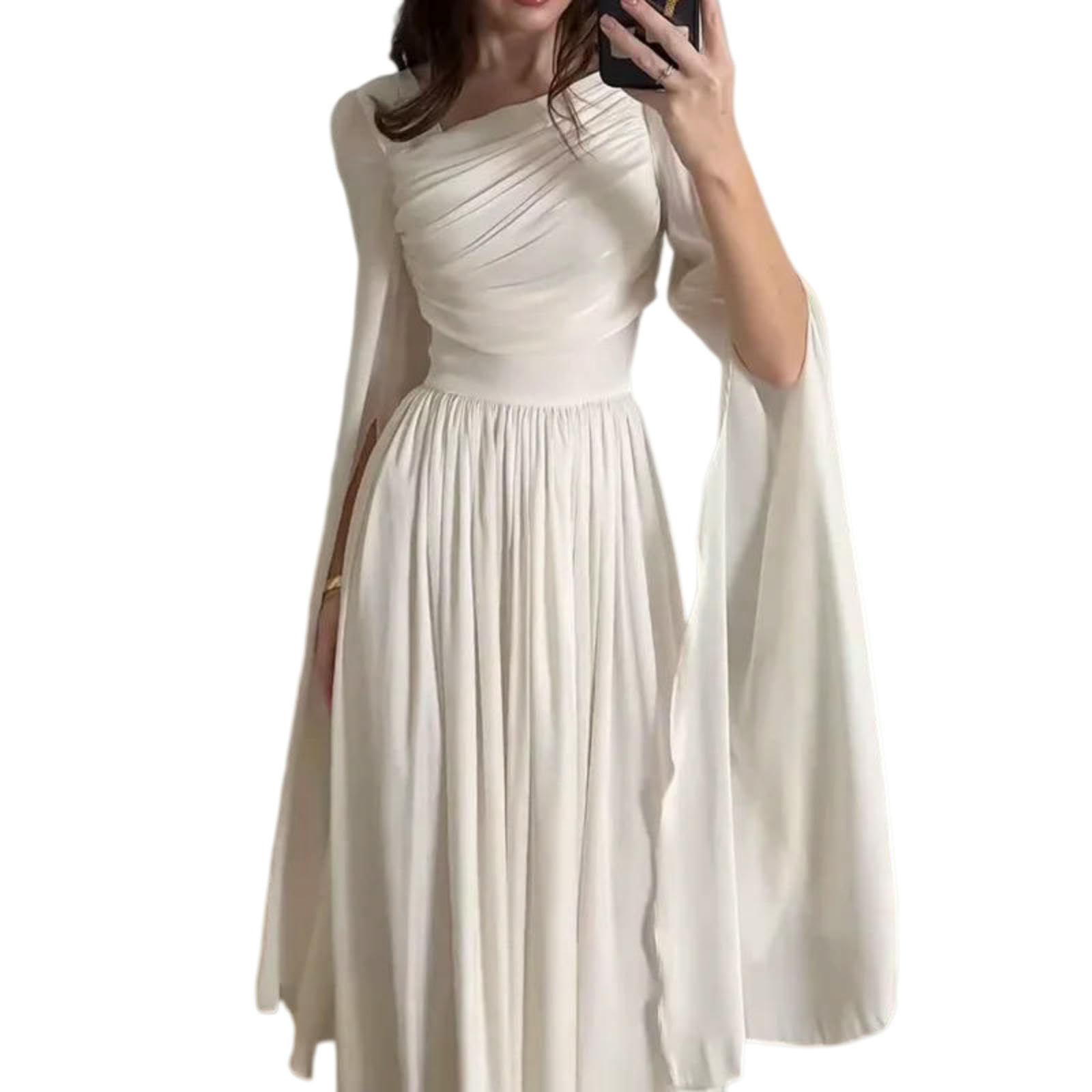 Damenkleid Frauen Eine Schulter Drapiert Maxi Kleid, Lange Ärmel Hohe Taille Schlitz Elegantes Kleid Für Abend Formelle Party-02 Blue-l