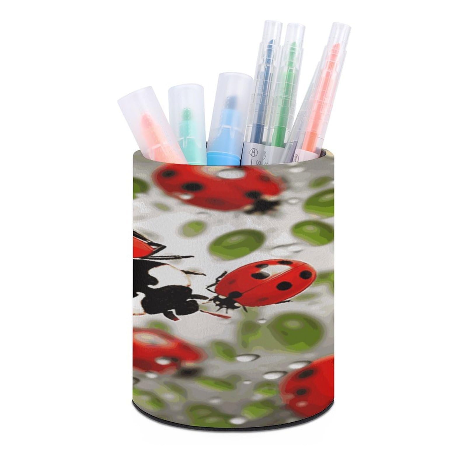 MUSM Ladybug Pen Holder Round PU Leather Pencil Cup Waterproof Pencil Holder for Desk Pen Cup Pen Organizer Pencil Organizer Makeup Brush Holders for Home Office Decor