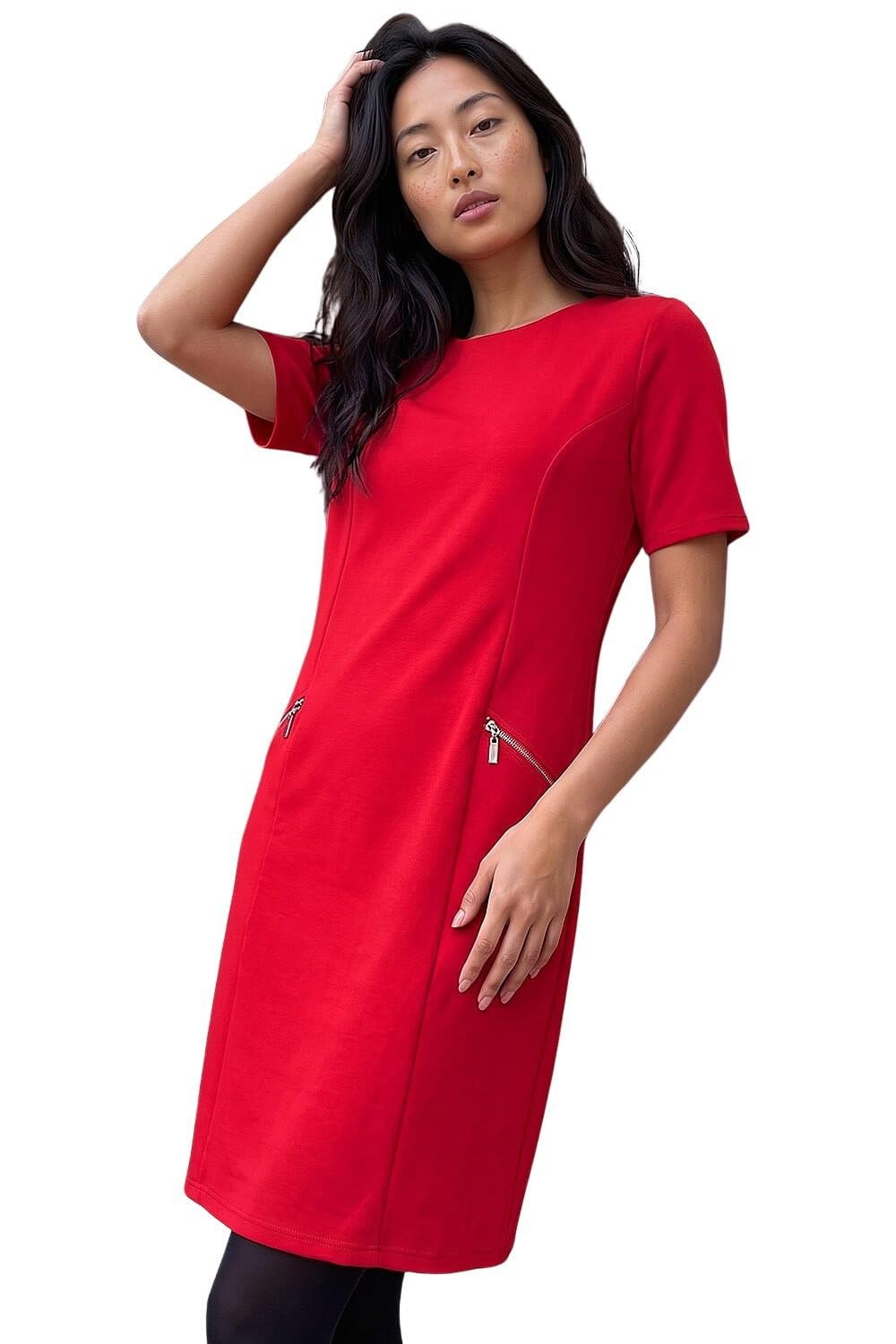 Roman Women's Red Petite Zip Detail Pocket Shift Dress In Size 16