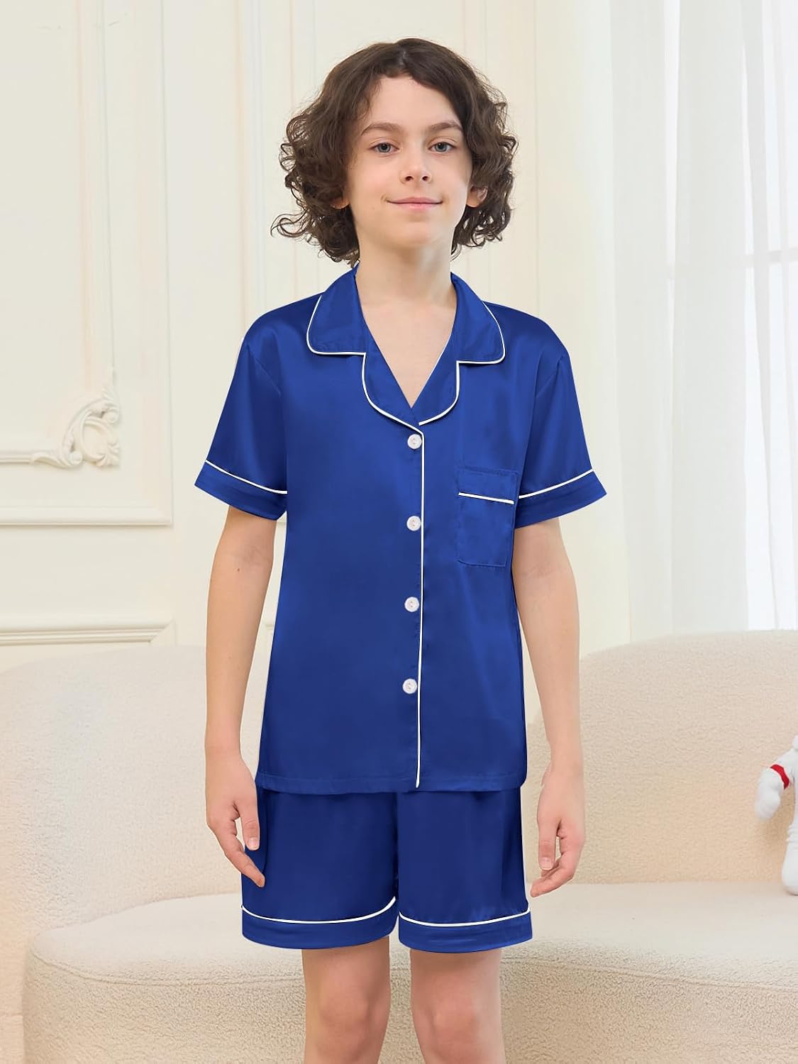 Umeyda Boys Silk Pajamas Sets Short Sleeve Sleepwear 3 Piece Pjs Set