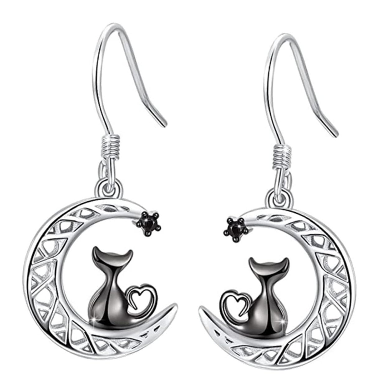 ifundom Orecchini Pendenti a Forma di Gatto e Mezzaluna per Donna, Gioielli Neri Design Elegante, Accessorio Regalo per Amanti dei Gatti e Uso Quotidiano