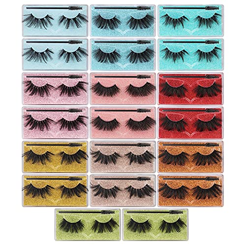 False Eyelashes 25mm Dramatic Lashes Bulk Wholesale 20 Pairs 3D Faux Mink Lashes Pack Fluffy Long Thick 10 Styles Mixed Fake Eyelashes Bulk (with Glitter Portable Boxes & Brushes)