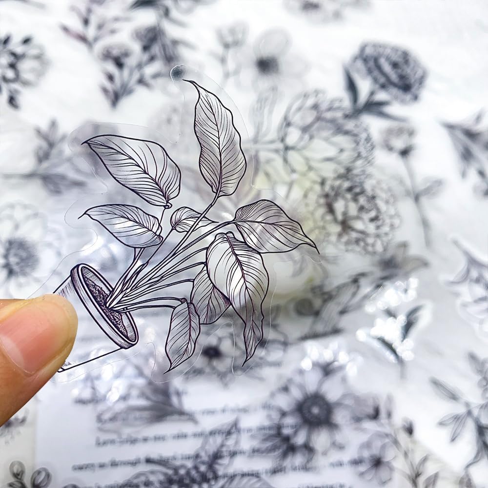 50Pcs Black Transparent Waterproof Plant Stickers for Scrapbooking, Journaling & Crafts – Floral & Botanical Decals for Resin Art Projects, Planners, Cards, Gifts image 3