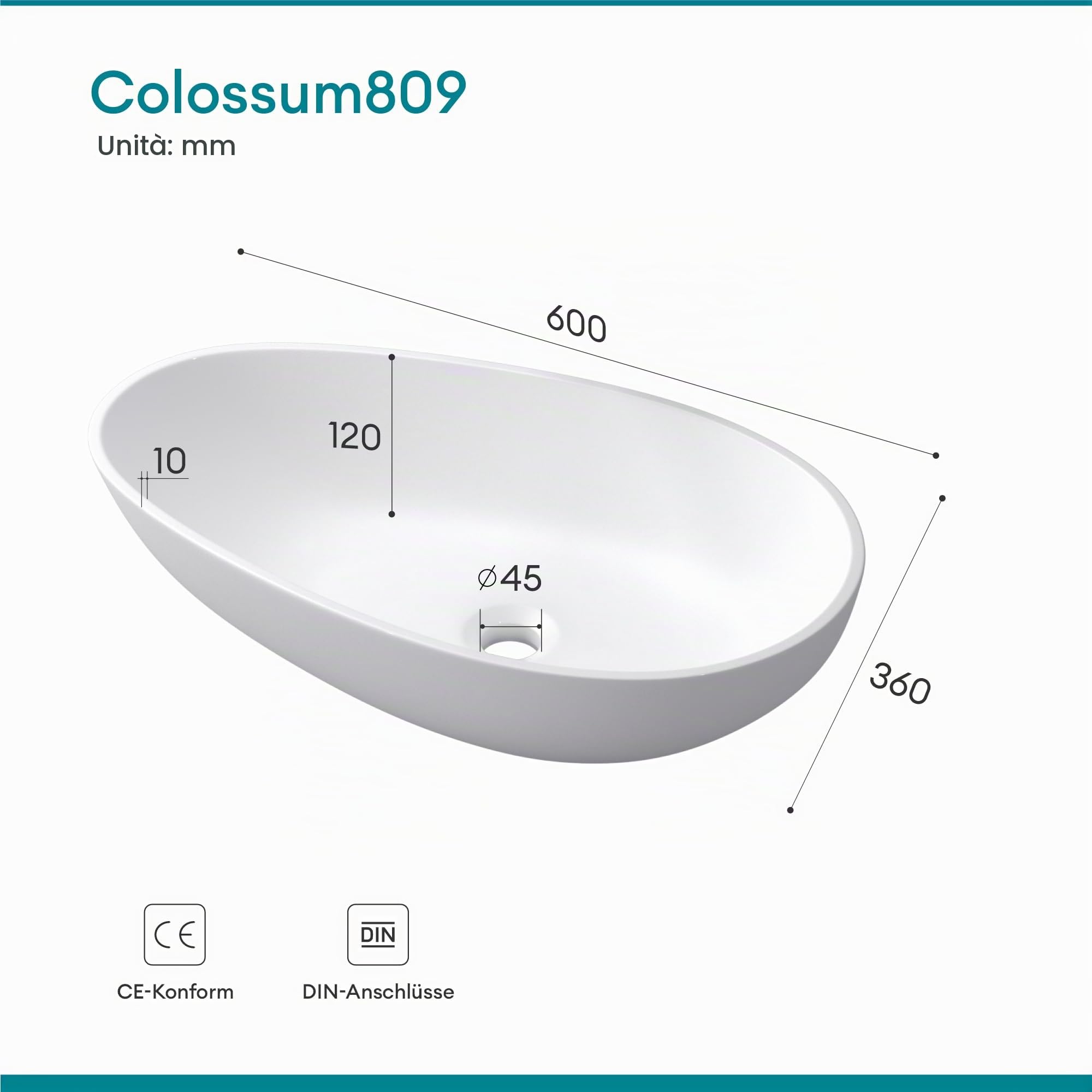 Mai & Mai Lavabo da Appoggio 59.8X36X14cm, Lavandino Bagno Ovale Colossum809 Lavabo da Marmo Fuso, Bianco Opaco