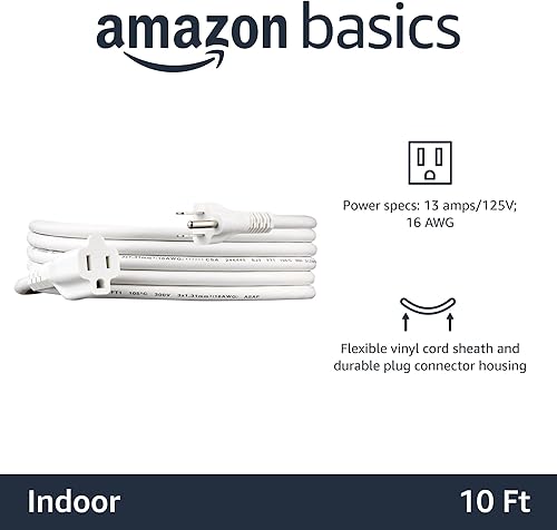 Miniatura 2 de Yaxa Basics Cable de extensión, 10 pies, extensor de tomacorriente de 3 clavijas, cable de extensión para interiores, 13 amperios, 125V, blanco