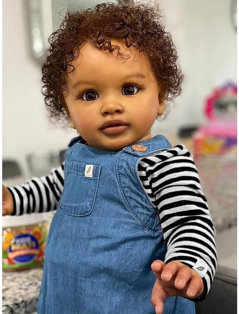 Zero Pam Biracial Reborn Baby Dolls Black Boy, 26 Inch Dark Skin Pippa Reborn Doll with Curly Rooted Hair, African American Toddler Boy Dolls, Realistic Toddler Doll, Silicone Babies for Kids 3+