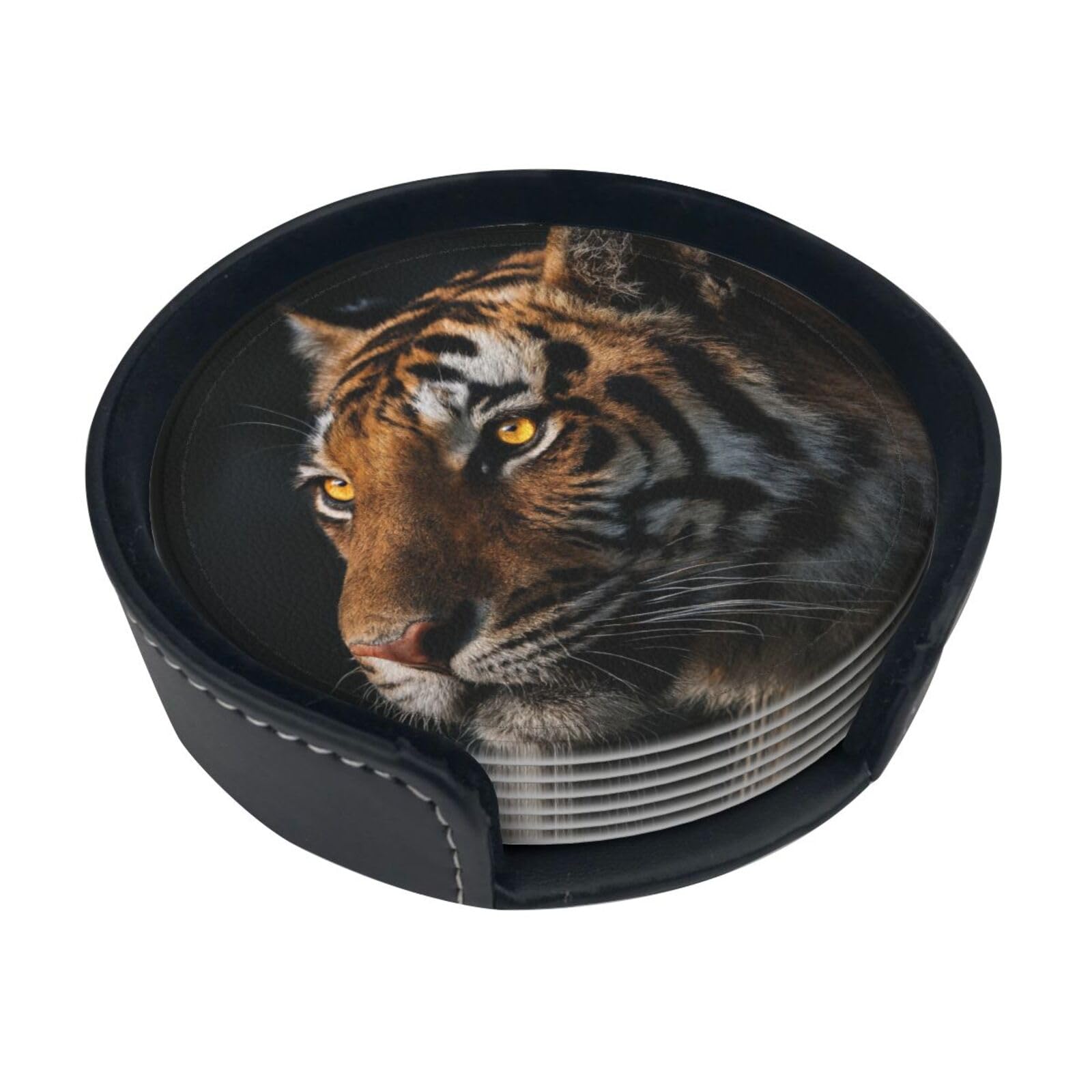 Tiger Eye Stare Leather Coasters-Set of 6 with Storage Holder