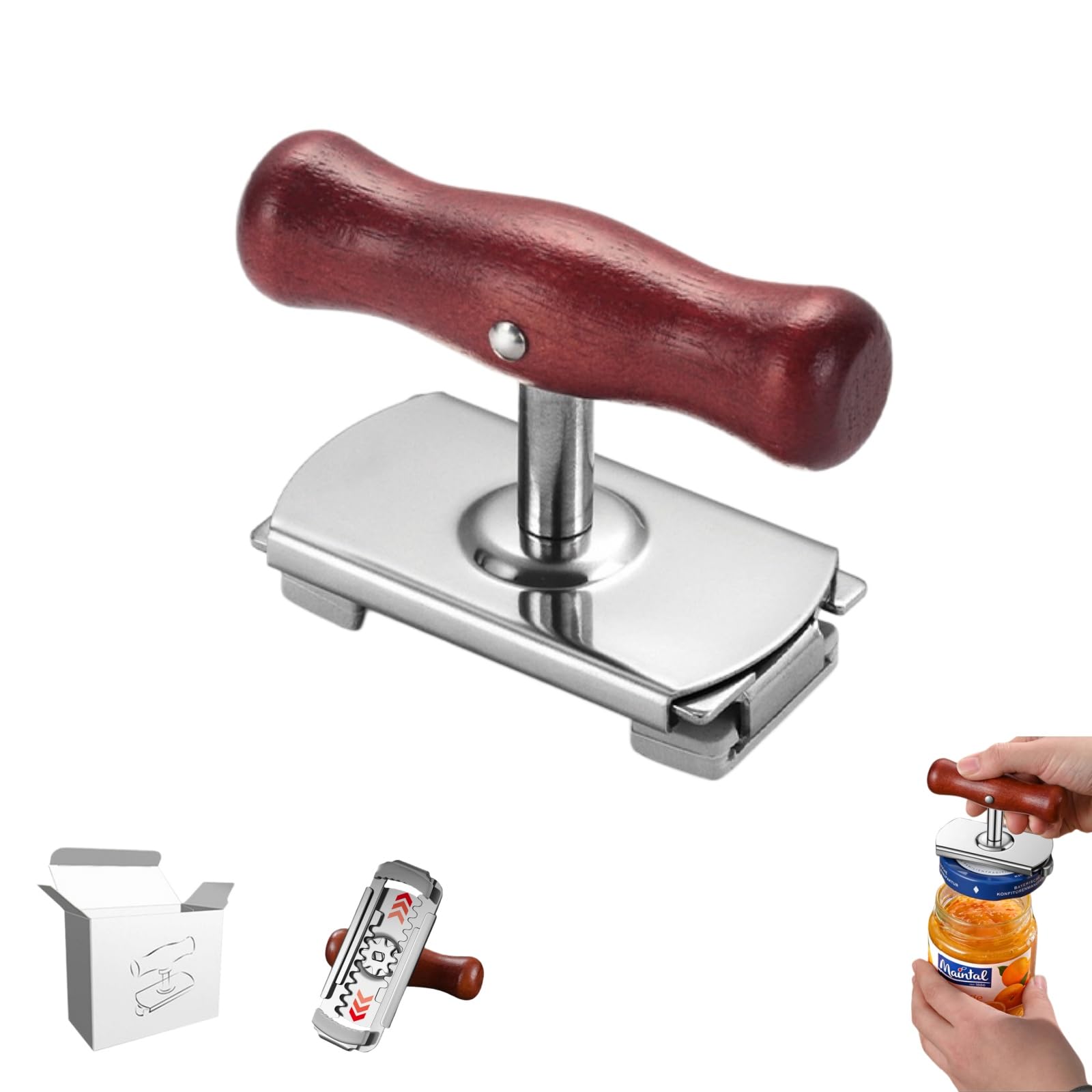 [Verbessertes Modell] Extra dicker manueller Flaschenöffner aus Edelstahl – Verstellbarer Schraubglasöffner mit Massivholzgriff und rutschfestem Silikongriff-Dosenöffner senioren